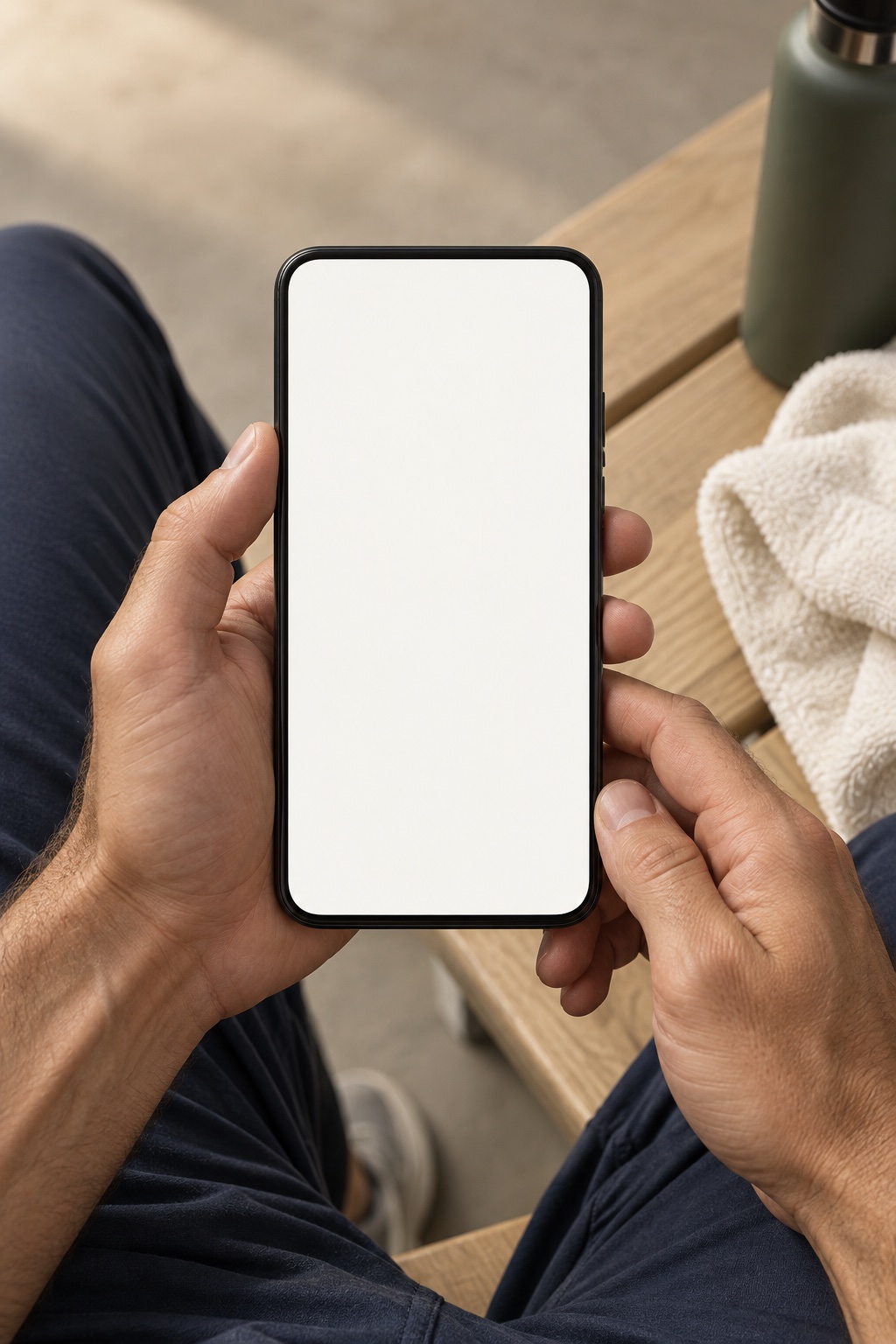 Hands holding a phone beside a warm wood bench and workout towel