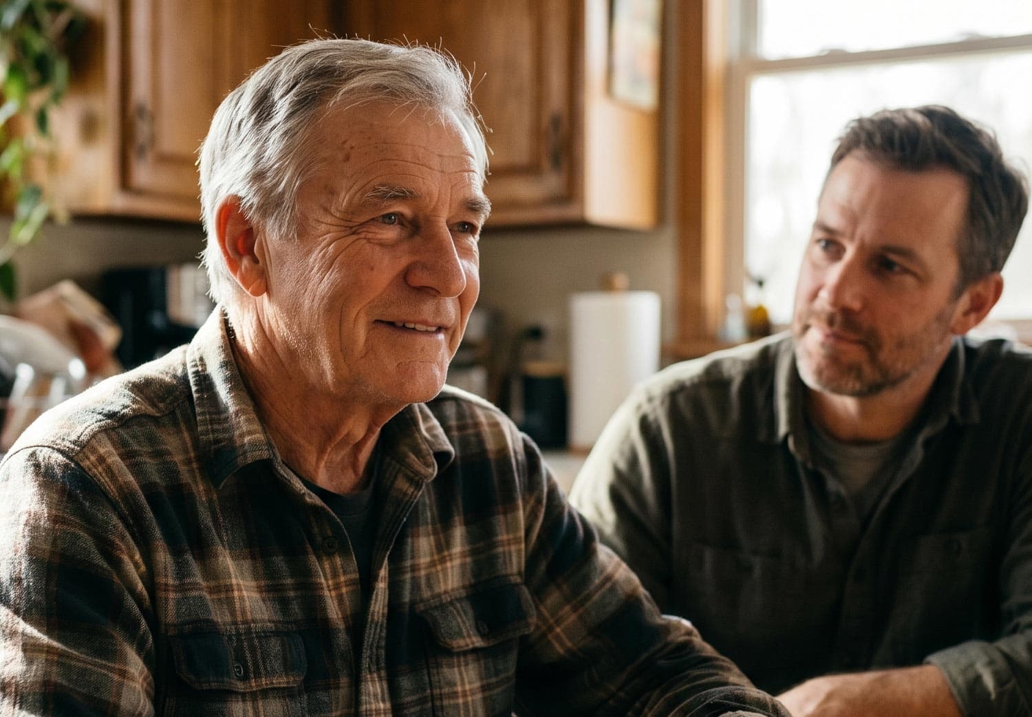 Older man and younger man sharing a heartfelt moment at home.